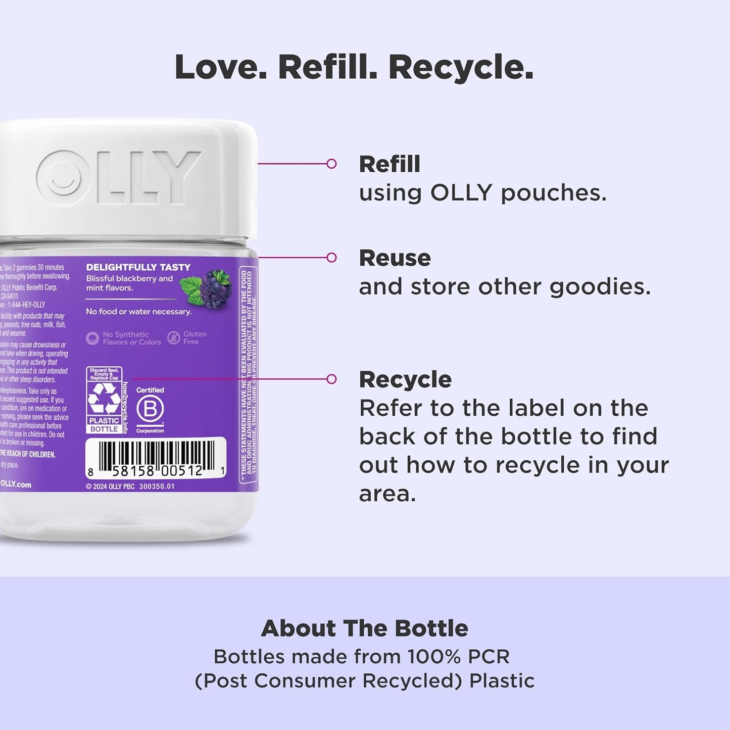 OLLY Sleep Gummy Supplement, 3mg Melatonin, L Theanine, Sleep Aid, Blackberry Flavor, 50 Count