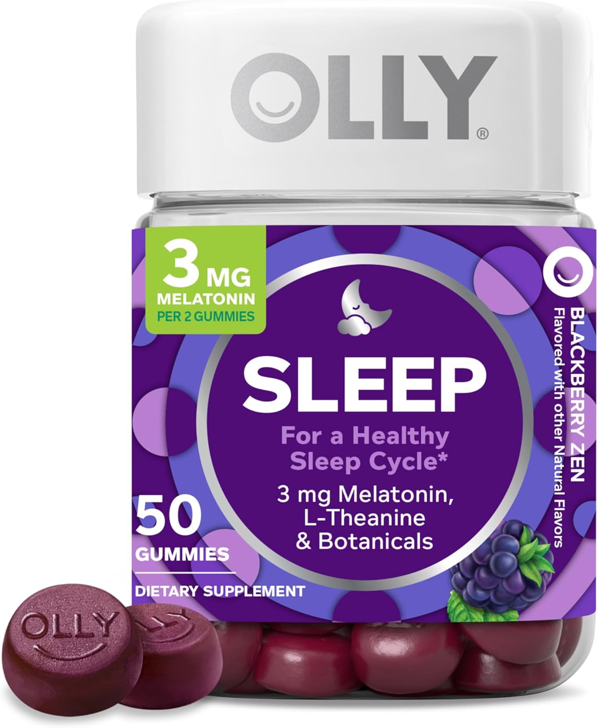 OLLY Sleep Gummy Supplement, 3mg Melatonin, L Theanine, Sleep Aid, Blackberry Flavor, 50 Count
