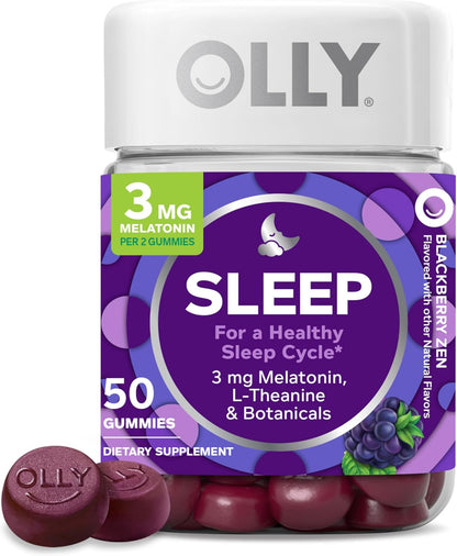 OLLY Sleep Gummy Supplement, 3mg Melatonin, L Theanine, Sleep Aid, Blackberry Flavor, 50 Count